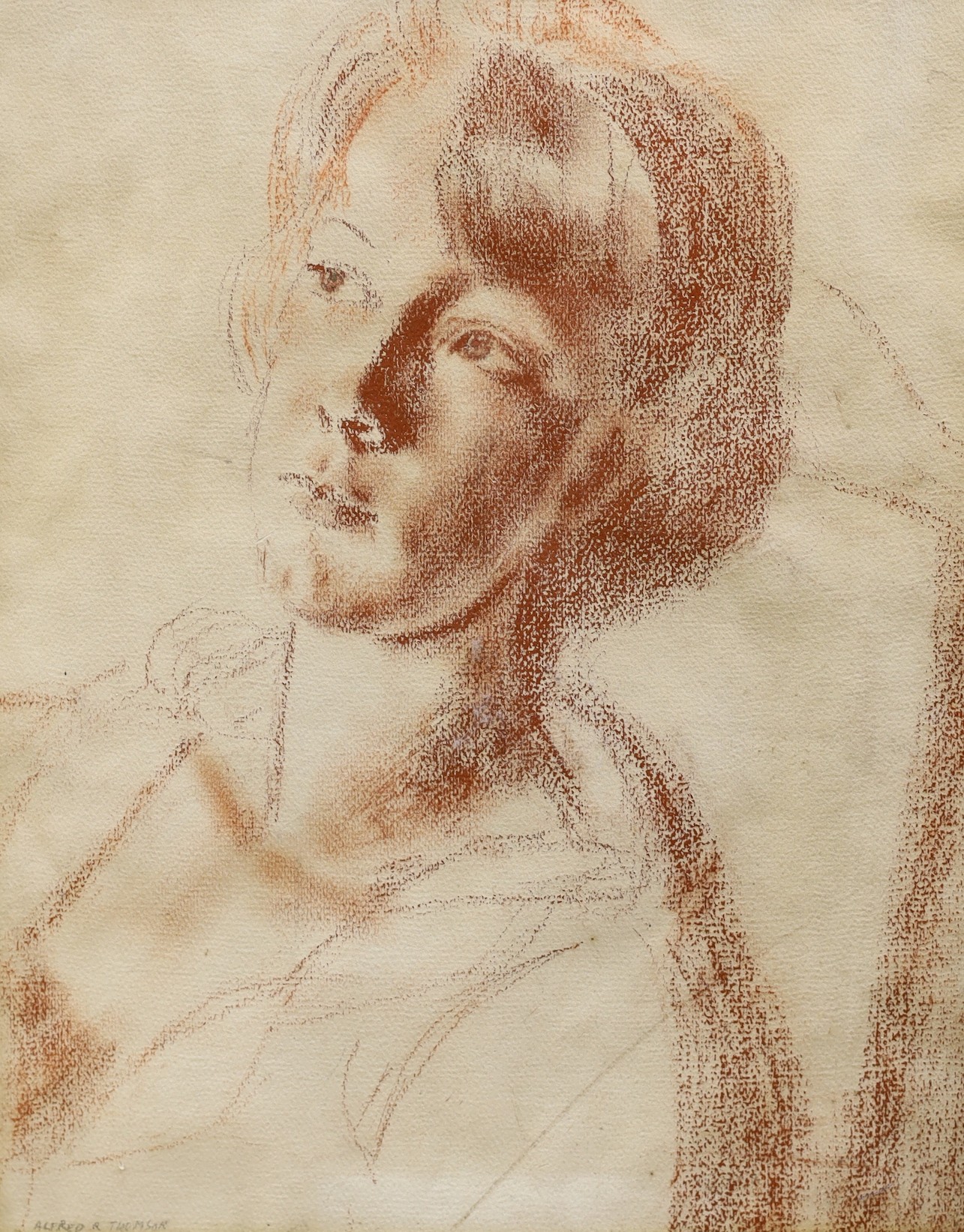 Alfred Reginald Thomson (1894-1979), sanguine chalk study of a woman and a pencil drawing by another hand, 42 x 34cm and 25 x 19cm